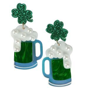 St. Patrick's Day Four Leaf Clover Beer Mug Stud Dangle Drop Fashion Earrings